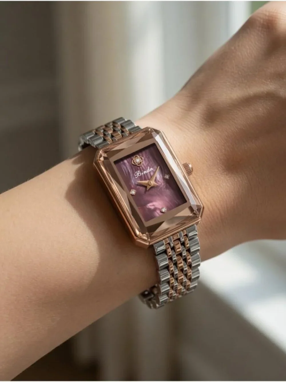 Women's Silver Gold Burgundy Vintage Rectangular Case Stainless Steel Band Watch